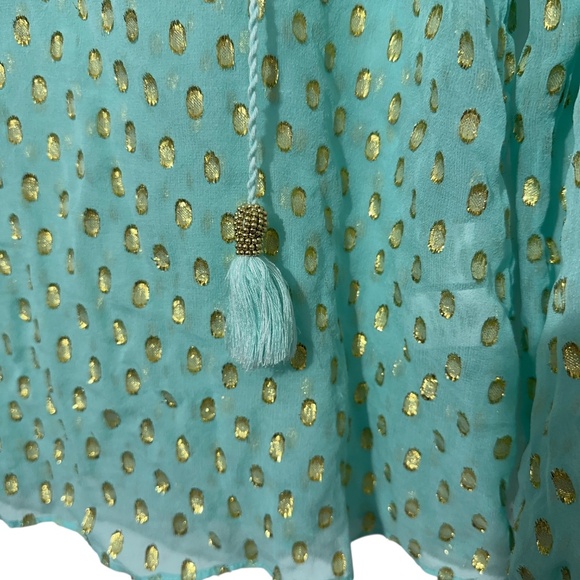 Lilly Pulitzer Womens Sheer Top Size XS Tie Neck Gold Polka Dot Elastic Wrist - Picture 4 of 4